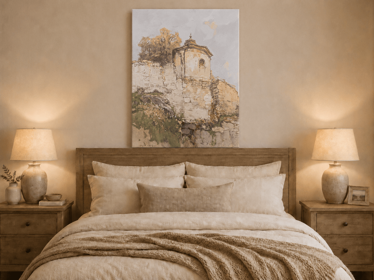 Peinture à l'huile de paysage - Rivière printanière avec pêcheur et arbres
