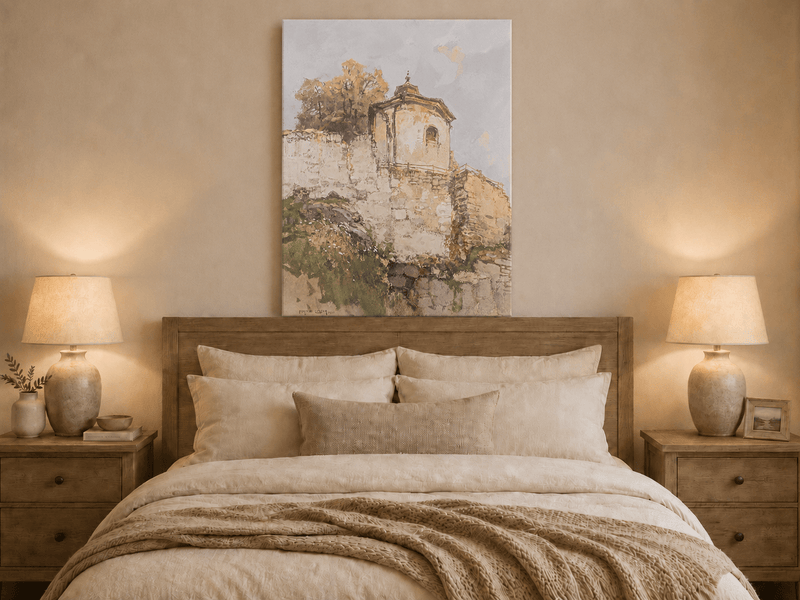 Peinture à l'huile de paysage - Rivière printanière avec pêcheur et arbres