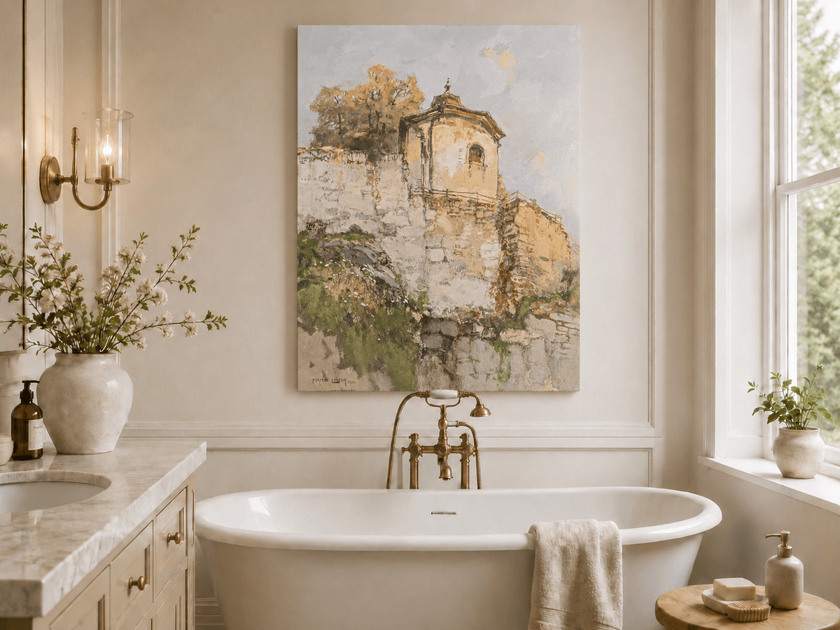 Peinture à l'huile de paysage - Rivière printanière avec pêcheur et arbres