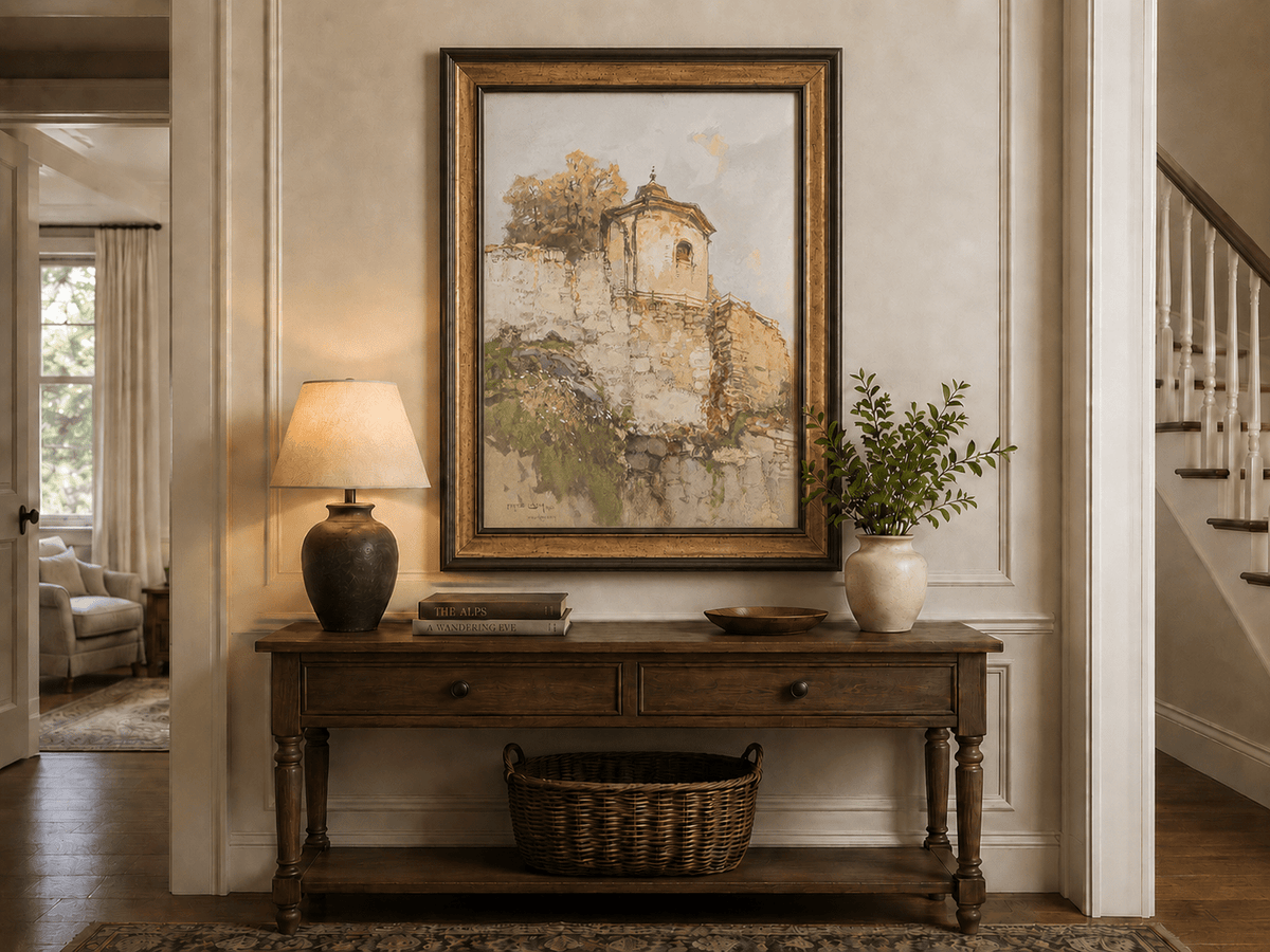 Peinture à l'huile de paysage - Rivière printanière avec pêcheur et arbres