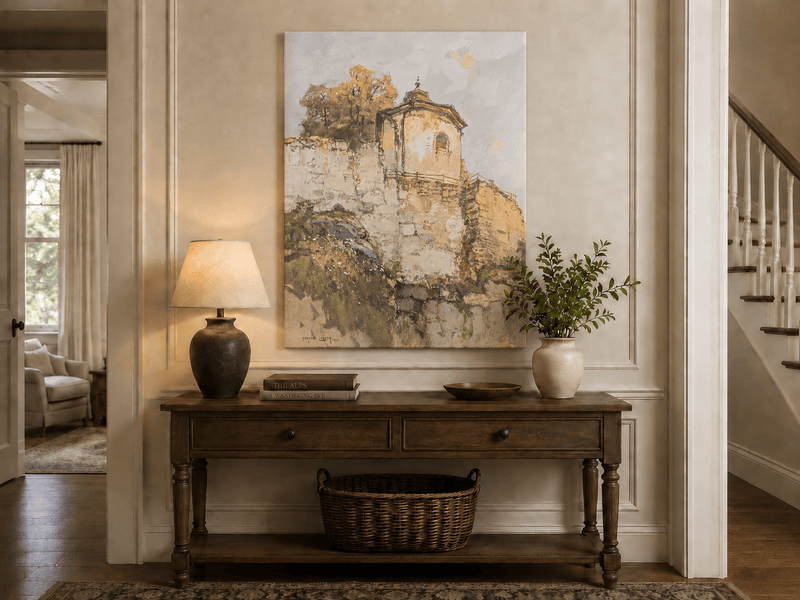 Peinture à l'huile de paysage - Rivière printanière avec pêcheur et arbres