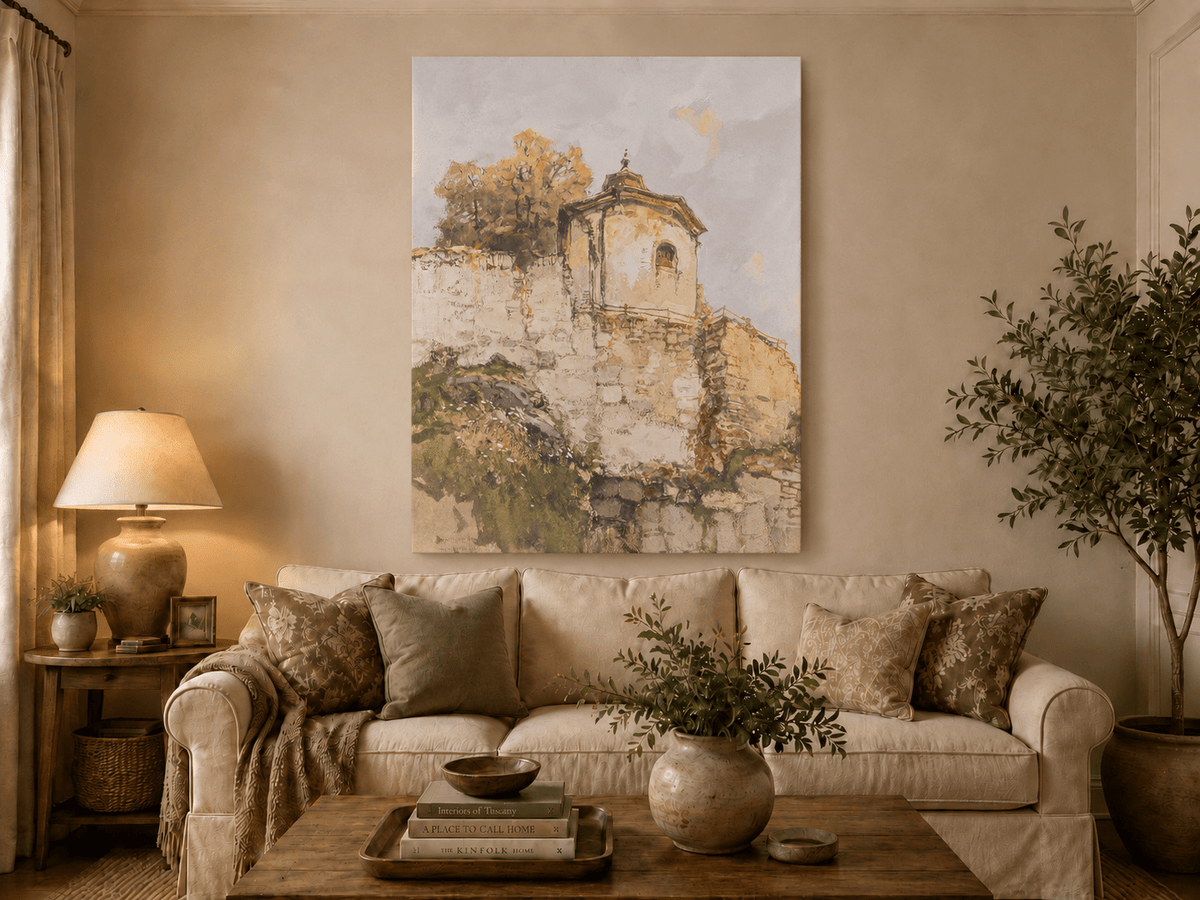Peinture à l'huile de paysage - Rivière printanière avec pêcheur et arbres