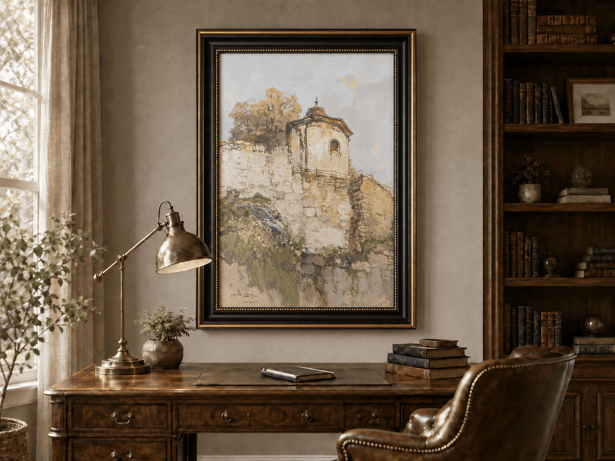 Peinture à l'huile de paysage - Rivière printanière avec pêcheur et arbres