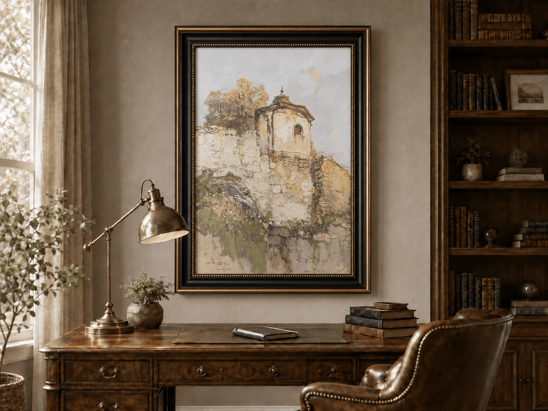 Peinture à l'huile de paysage - Rivière printanière avec pêcheur et arbres