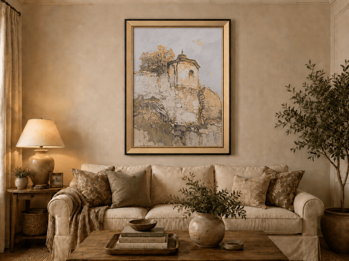Peinture à l'huile de paysage - Rivière printanière avec pêcheur et arbres