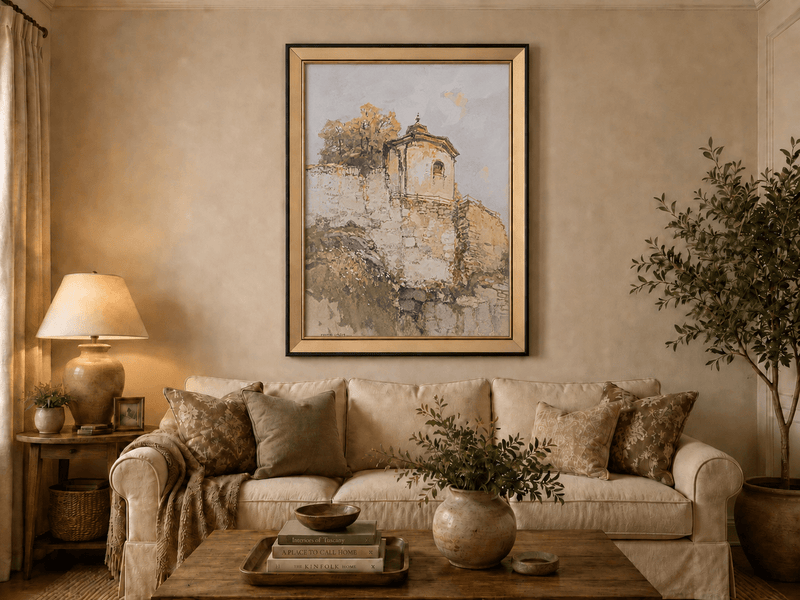 Peinture à l'huile de paysage - Rivière printanière avec pêcheur et arbres