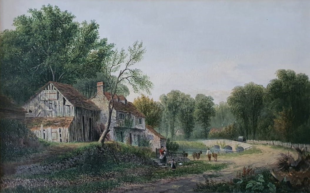 Landscape Oil Painting - Rustic Cottage and Stone Bridge View - Oil Painting Haven