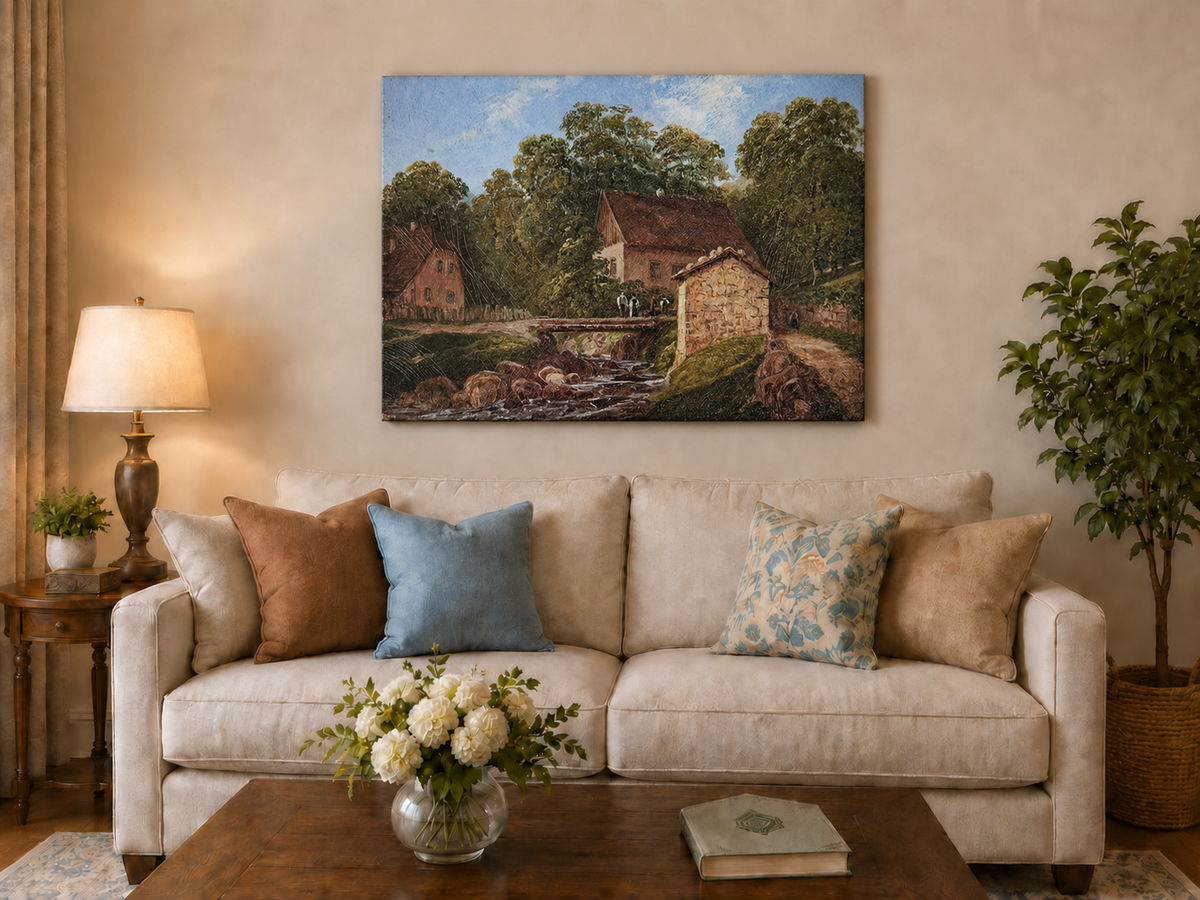Hand-painted Rustic Cottage by Forest Stream landscape oil painting displayed as wall art in a styled interior