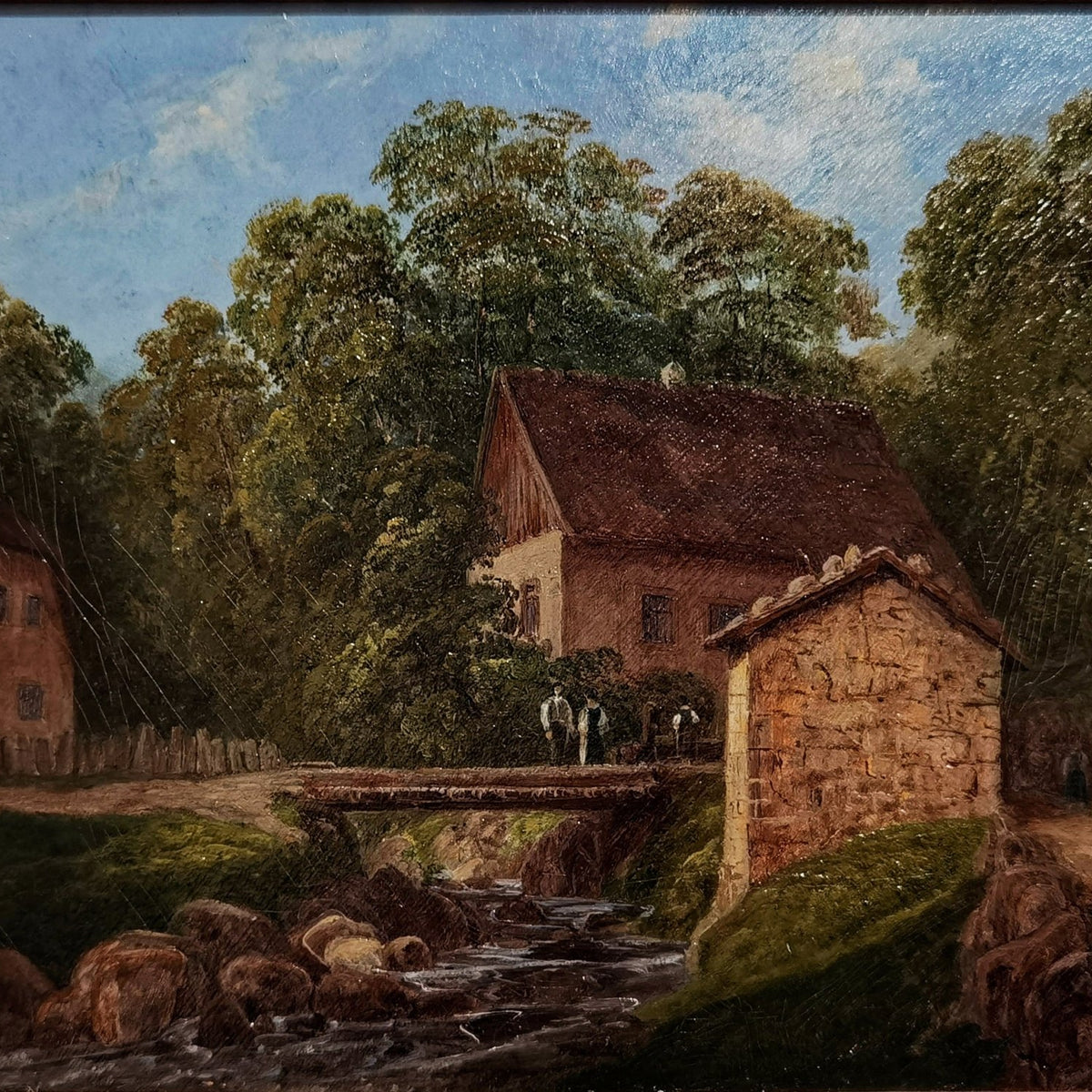 Hand-painted rustic cottage by forest stream landscape oil painting on canvas