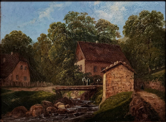 Hand-painted rustic cottage by forest stream landscape oil painting on canvas