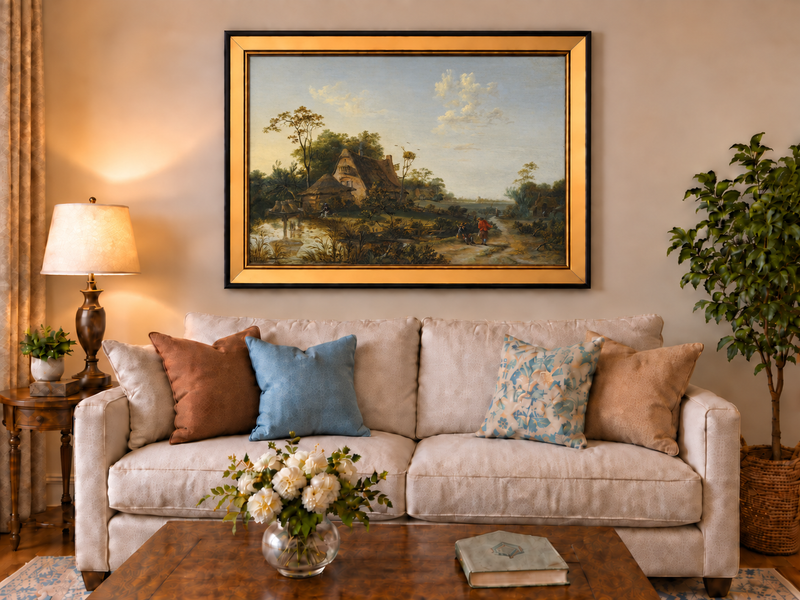 Hand-painted Rustic Cottage by Pond and Path landscape oil painting displayed as wall art in a styled interior
