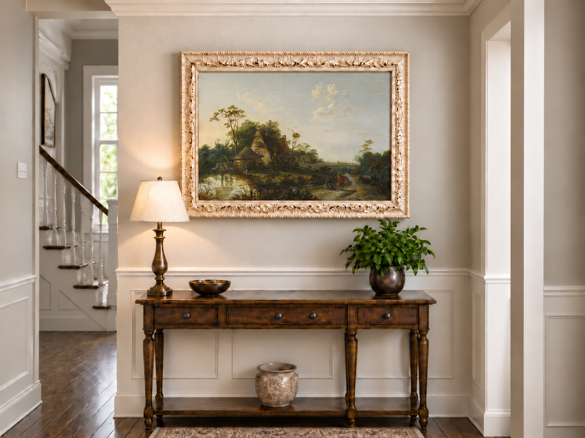 Hand-painted Rustic Cottage by Pond and Path landscape oil painting displayed as wall art in a styled interior