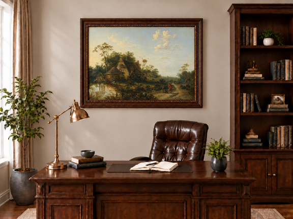Hand-painted Rustic Cottage by Pond and Path landscape oil painting displayed as wall art in a styled interior