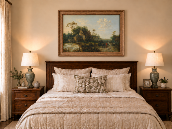 Hand-painted Rustic Cottage by Pond and Path landscape oil painting displayed as wall art in a styled interior