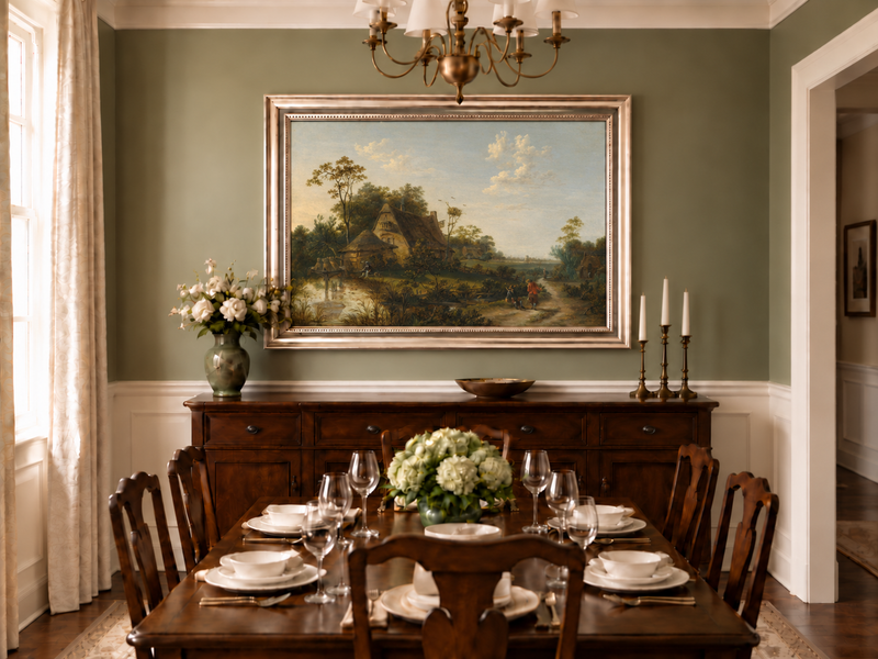 Hand-painted Rustic Cottage by Pond and Path landscape oil painting displayed as wall art in a styled interior