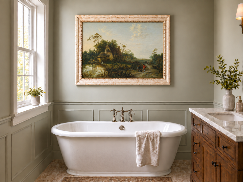 Hand-painted Rustic Cottage by Pond and Path landscape oil painting displayed as wall art in a styled interior