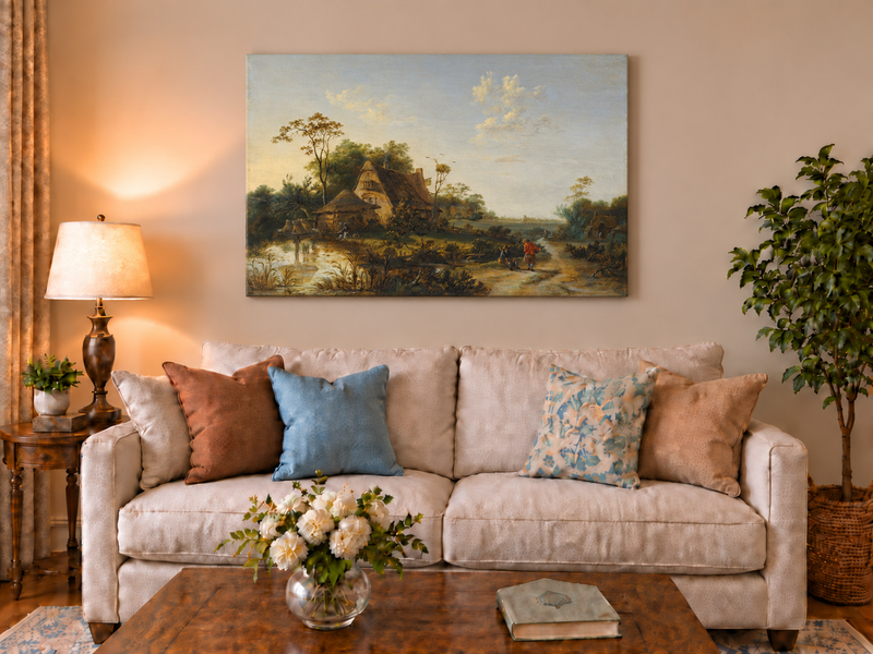Hand-painted Rustic Cottage by Pond and Path landscape oil painting displayed as wall art in a styled interior