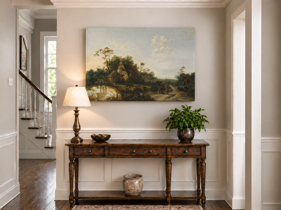 Hand-painted Rustic Cottage by Pond and Path landscape oil painting displayed as wall art in a styled interior