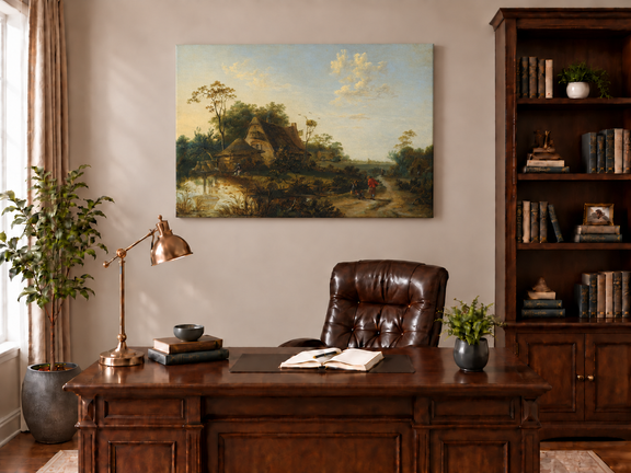 Hand-painted Rustic Cottage by Pond and Path landscape oil painting displayed as wall art in a styled interior