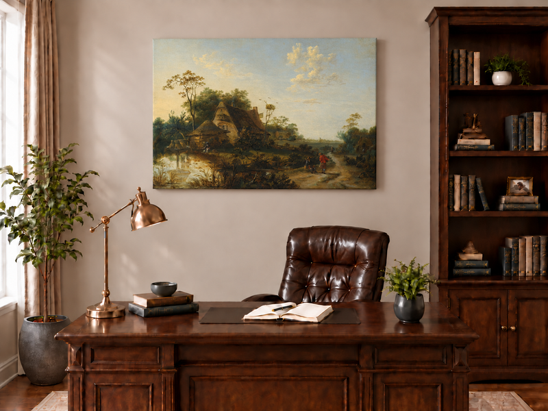 Hand-painted Rustic Cottage by Pond and Path landscape oil painting displayed as wall art in a styled interior