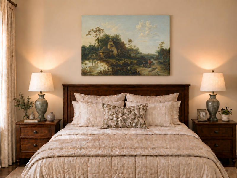 Hand-painted Rustic Cottage by Pond and Path landscape oil painting displayed as wall art in a styled interior