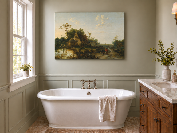 Hand-painted Rustic Cottage by Pond and Path landscape oil painting displayed as wall art in a styled interior