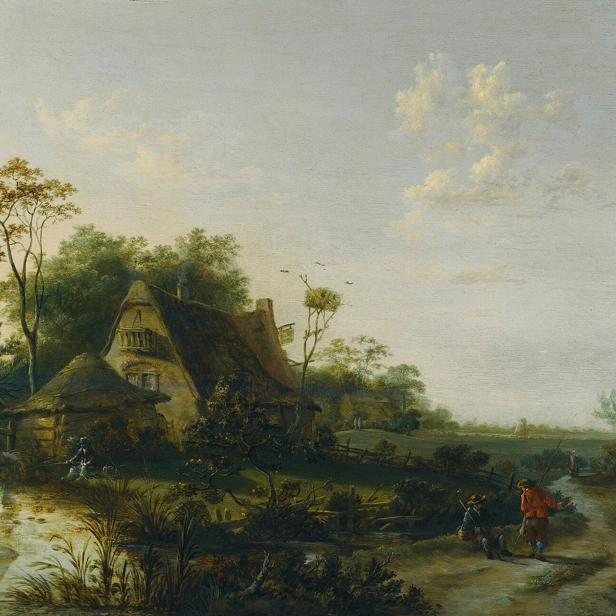 Hand-painted rustic cottage by pond and path landscape oil painting on canvas