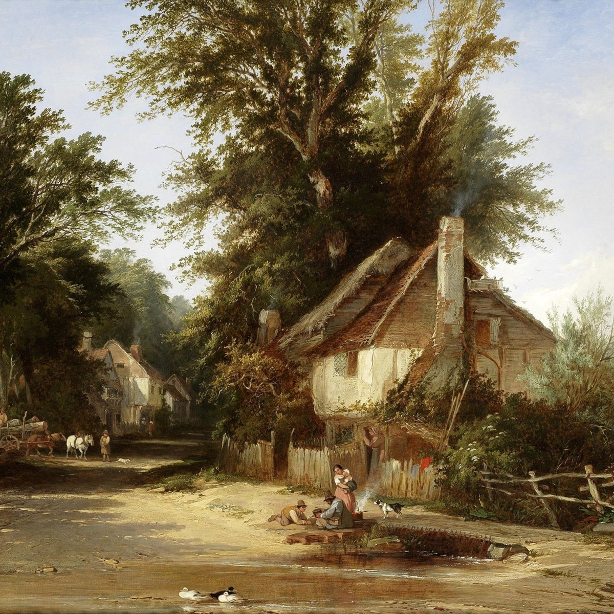 Hand-painted rustic cottage by woodland stream landscape oil painting on canvas