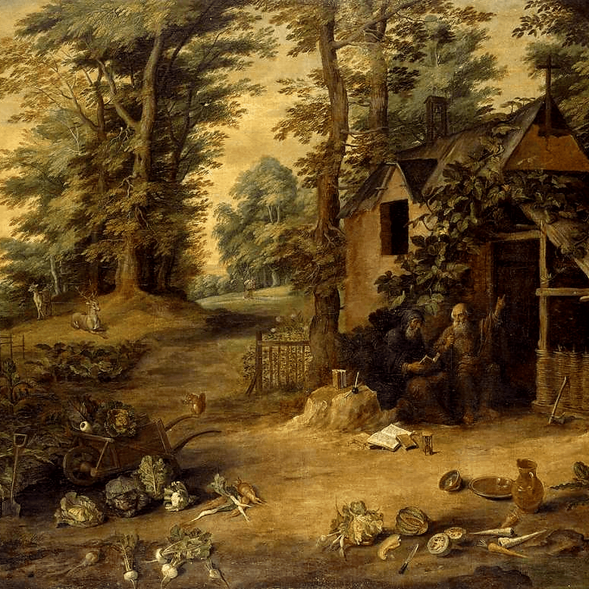 Hand-painted rustic cottage garden with figures landscape oil painting on canvas