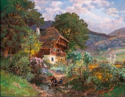 Hand-painted rustic cottage in a mountain valley landscape oil painting on canvas