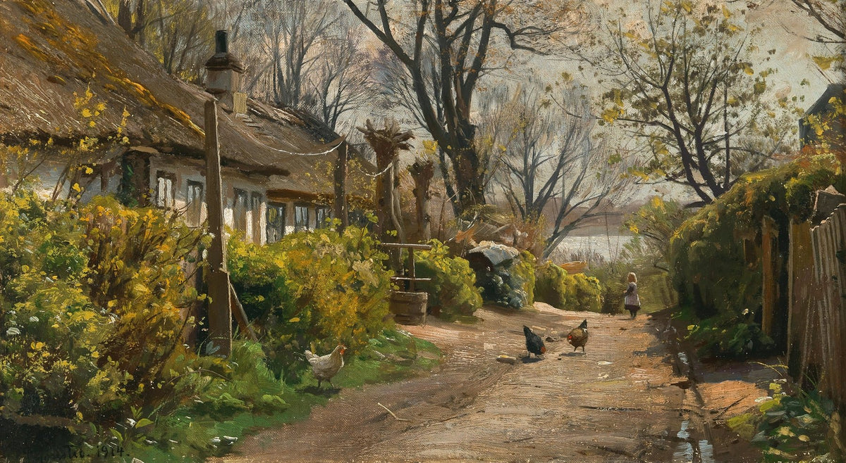 Landscape Oil Painting - Rustic Cottage Lane with Chickens - Oil Painting Haven