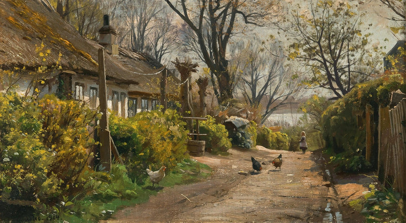 Landscape Oil Painting - Rustic Cottage Lane with Chickens - Oil Painting Haven