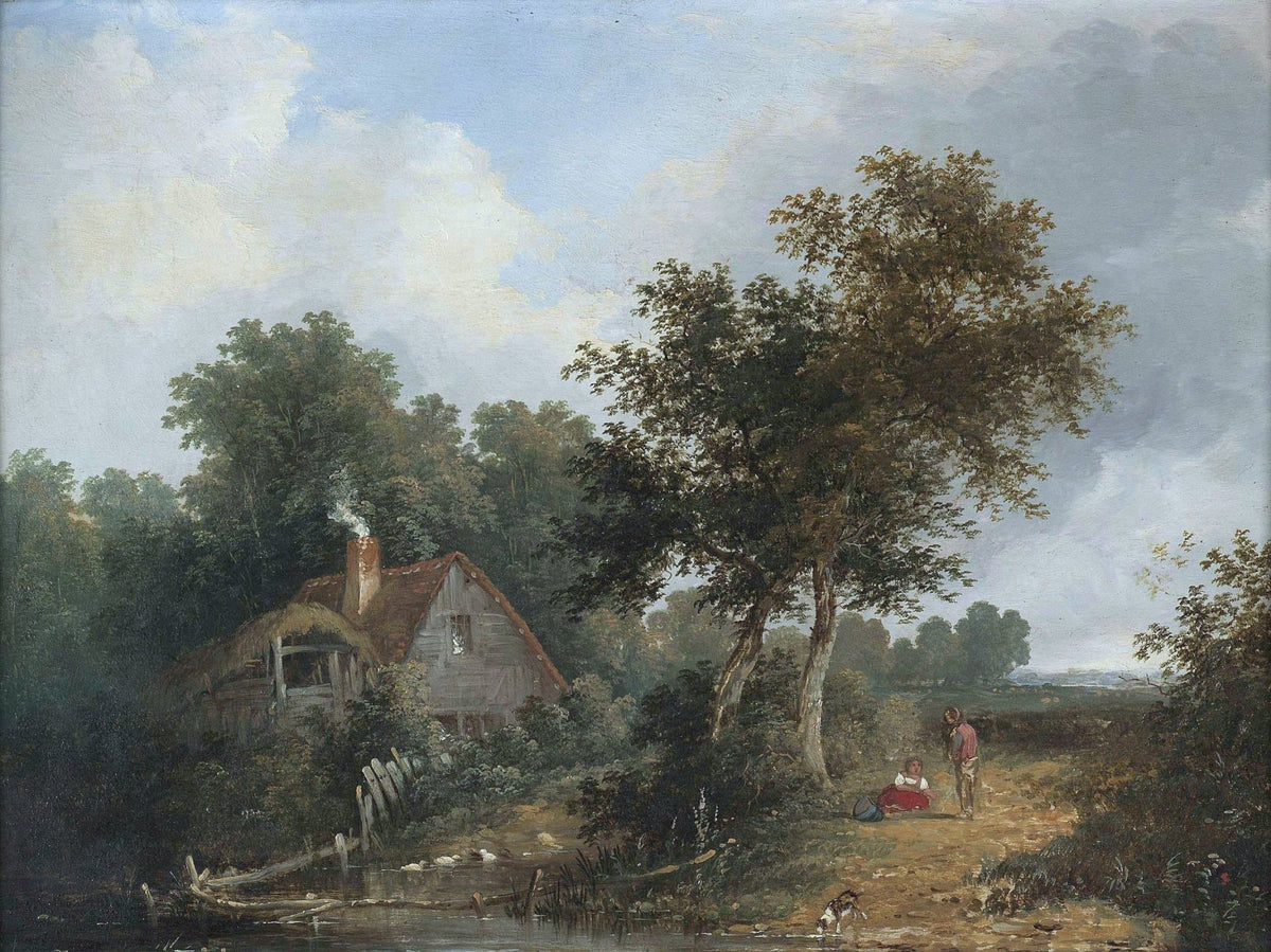 Landscape Oil Painting - Rustic Cottage Path by Pond Landscape