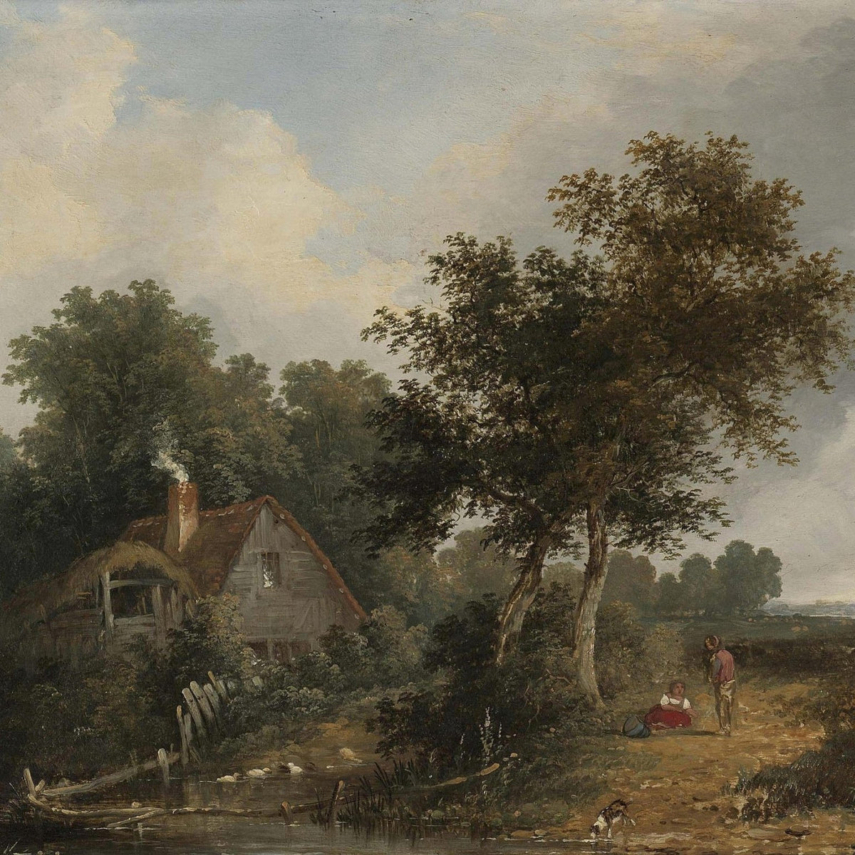 Hand-painted rustic cottage path by pond landscape oil painting on canvas