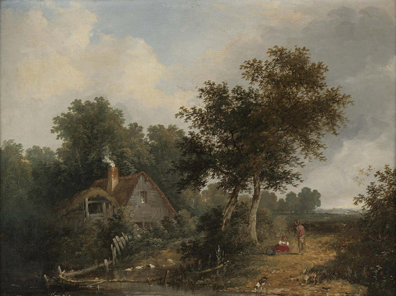 Hand-painted rustic cottage path by pond landscape oil painting on canvas