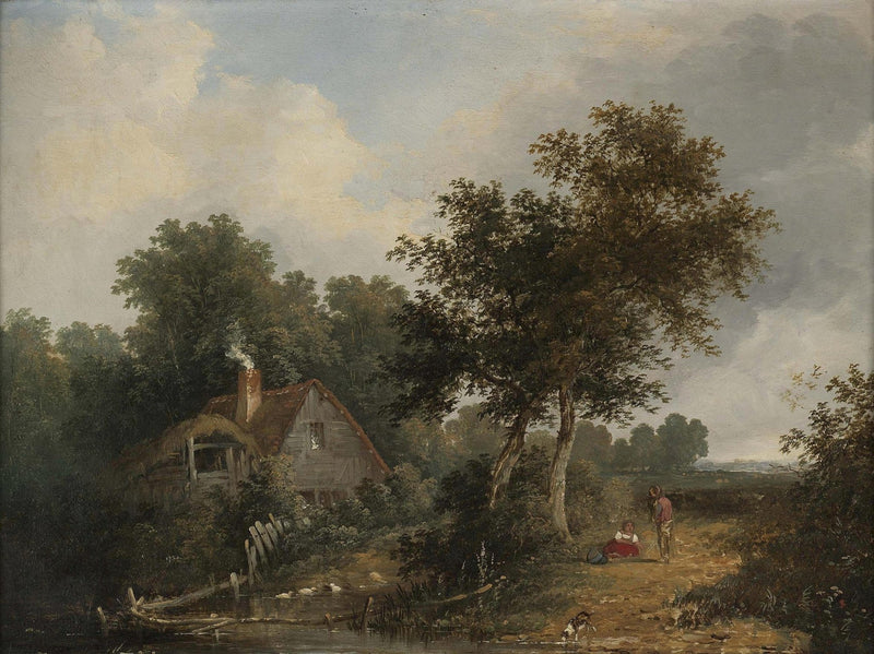 Hand-painted rustic cottage path by pond landscape oil painting on canvas