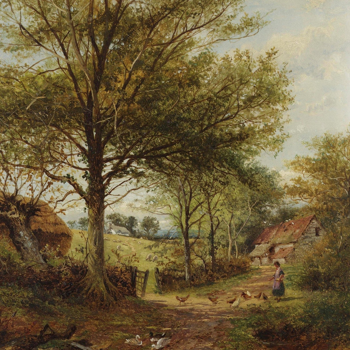 Hand-painted rustic cottage path with trees and poultry landscape oil painting on canvas
