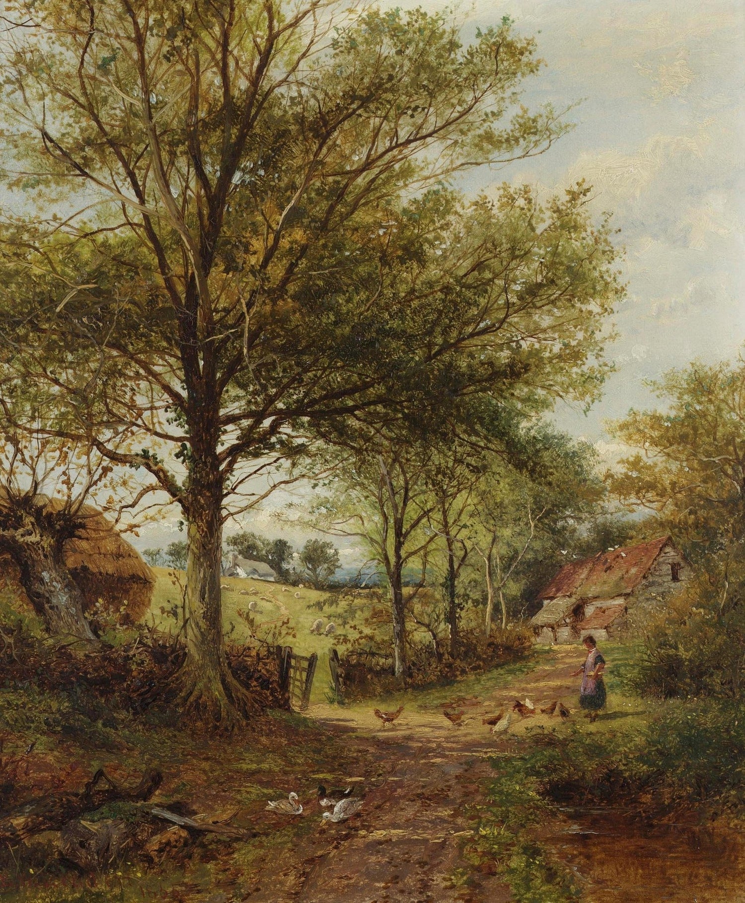Hand-painted rustic cottage path with trees and poultry landscape oil painting on canvas