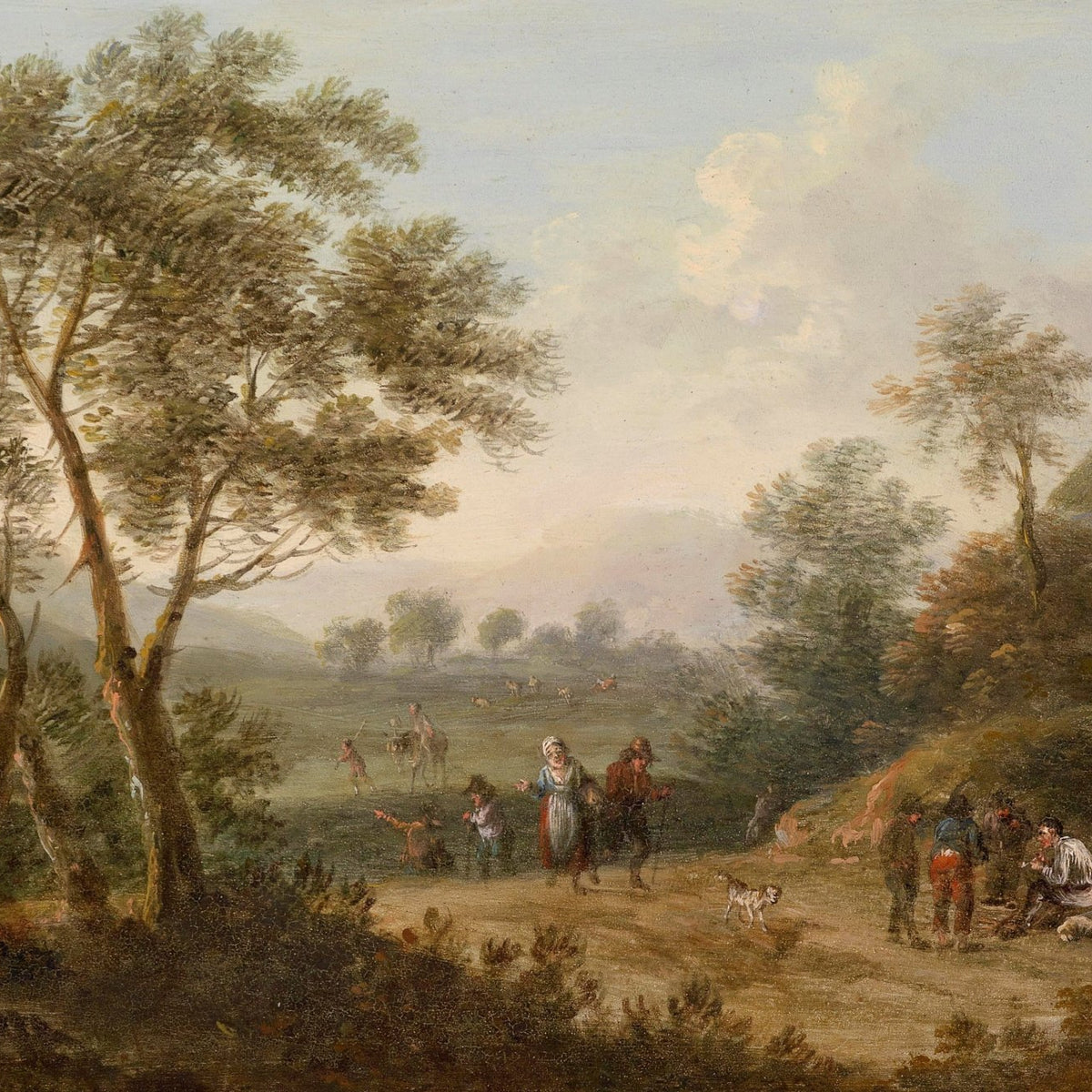 Hand-painted rustic country path with figures landscape oil painting on canvas