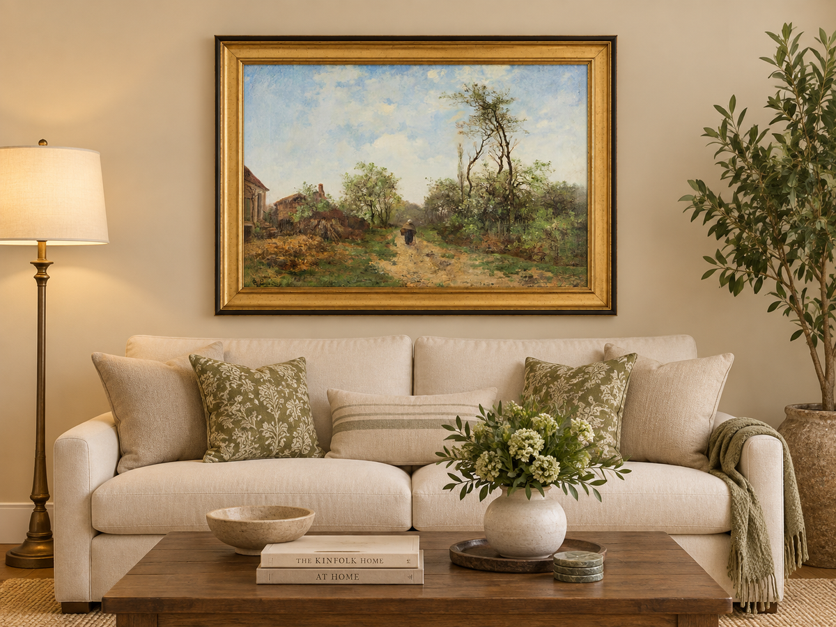 Hand-painted Rustic Country Path with Spring Trees landscape oil painting displayed as wall art in a styled interior