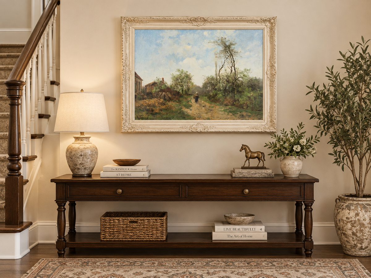 Hand-painted Rustic Country Path with Spring Trees landscape oil painting displayed as wall art in a styled interior