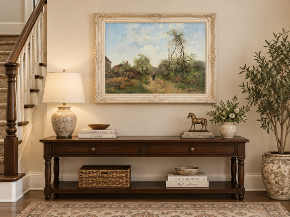 Hand-painted Rustic Country Path with Spring Trees landscape oil painting displayed as wall art in a styled interior