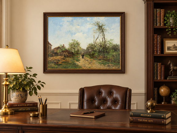 Hand-painted Rustic Country Path with Spring Trees landscape oil painting displayed as wall art in a styled interior