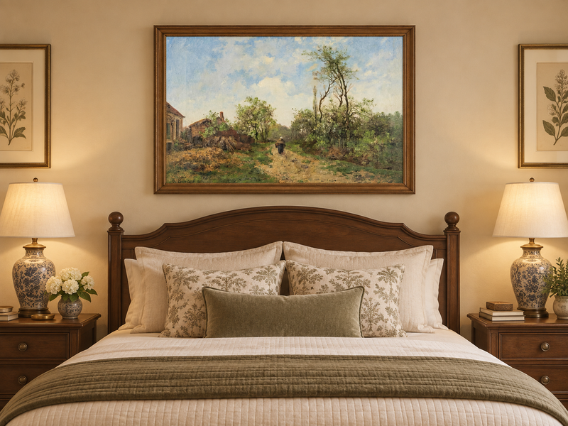 Hand-painted Rustic Country Path with Spring Trees landscape oil painting displayed as wall art in a styled interior