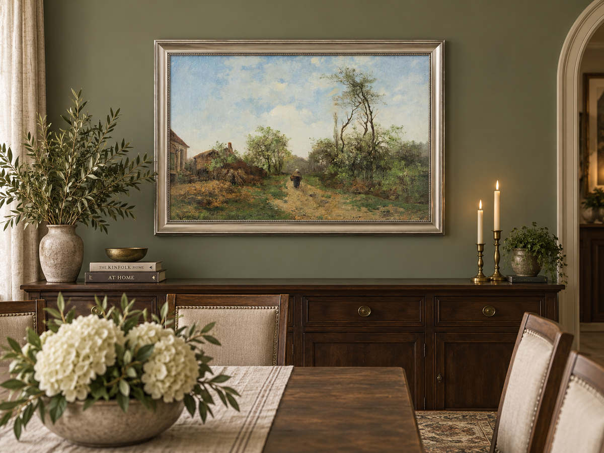 Hand-painted Rustic Country Path with Spring Trees landscape oil painting displayed as wall art in a styled interior