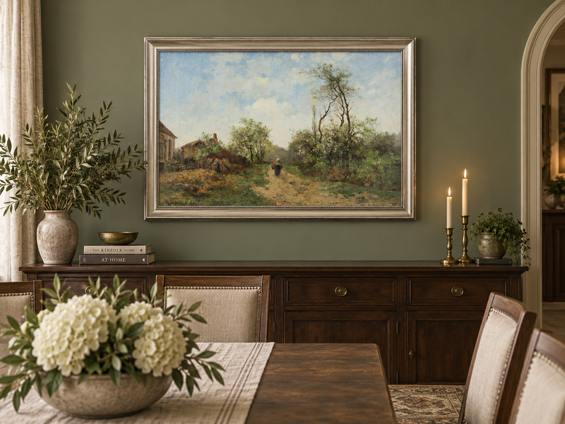 Hand-painted Rustic Country Path with Spring Trees landscape oil painting displayed as wall art in a styled interior