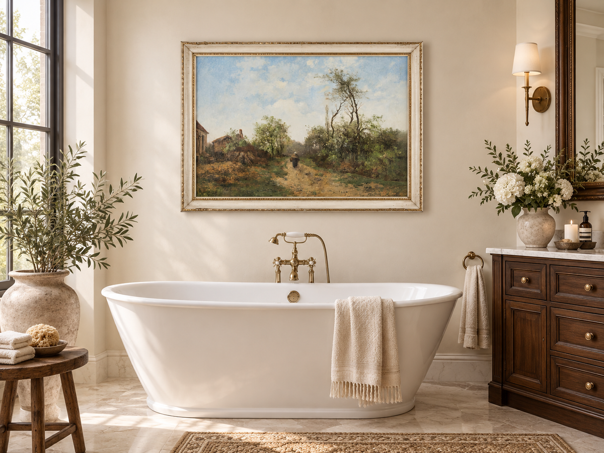 Hand-painted Rustic Country Path with Spring Trees landscape oil painting displayed as wall art in a styled interior
