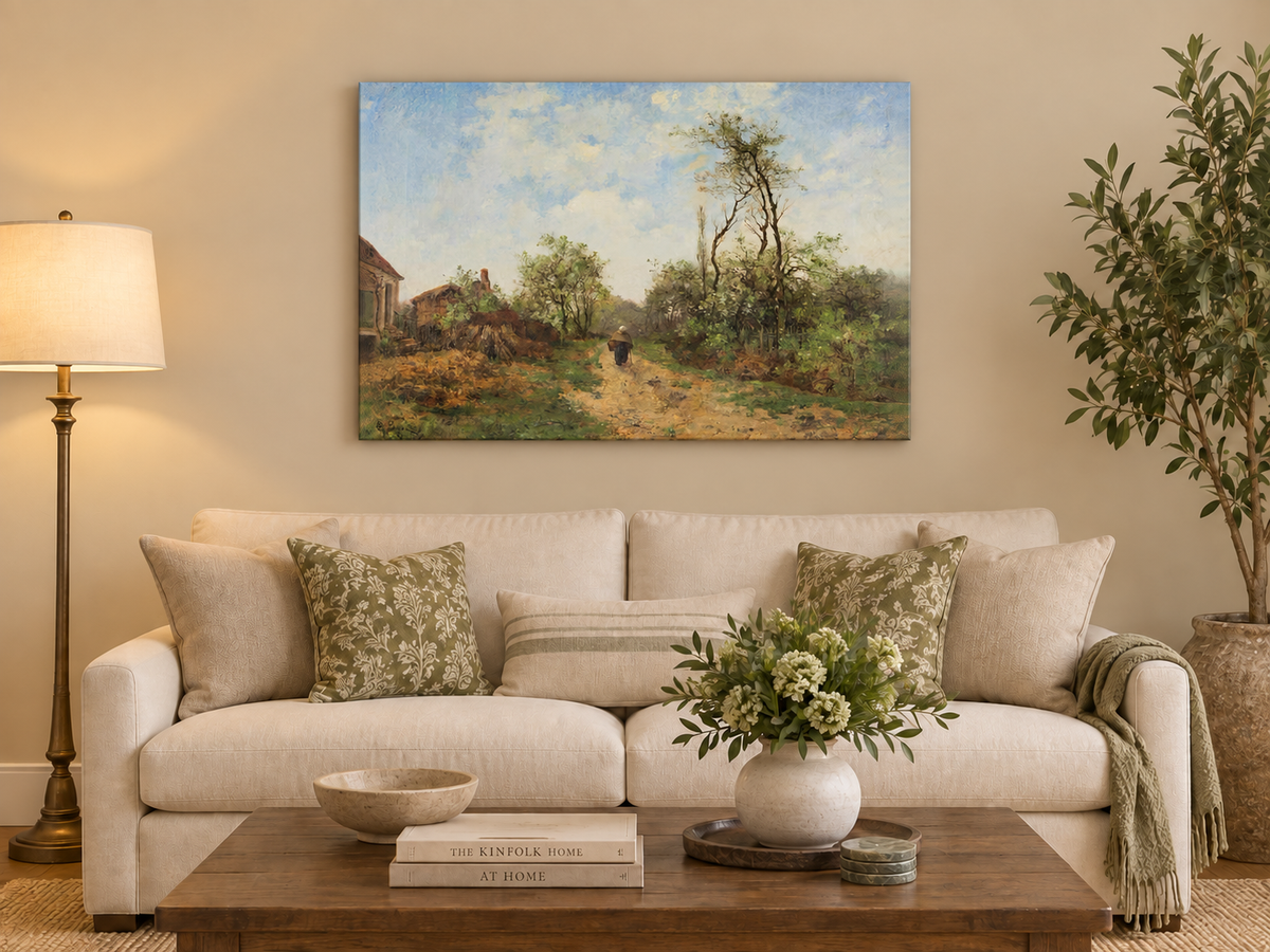 Hand-painted Rustic Country Path with Spring Trees landscape oil painting displayed as wall art in a styled interior