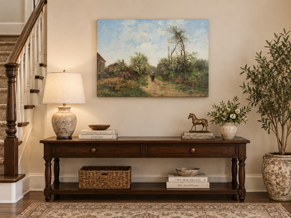 Hand-painted Rustic Country Path with Spring Trees landscape oil painting displayed as wall art in a styled interior