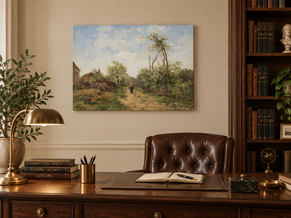 Hand-painted Rustic Country Path with Spring Trees landscape oil painting displayed as wall art in a styled interior